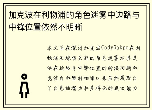 加克波在利物浦的角色迷雾中边路与中锋位置依然不明晰 加克波在利物浦的角色迷雾中边路与中锋位置依然不明晰
